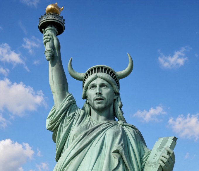 The image is an AI-generated or edited twist on the Statue of Liberty, depicting a horned figure holding a torch, set against a blue sky. The caption plays into the post's playful tone, blending patriotic imagery with crypto culture by featuring a "crypto liberty" themed figure.
