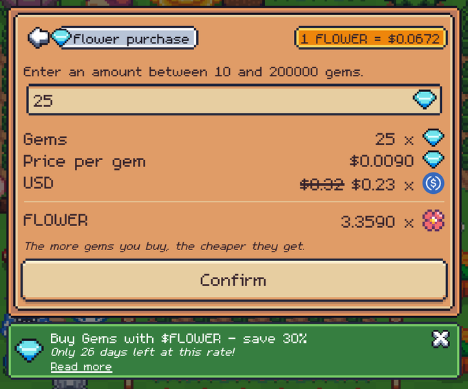 A pixel-art "Flower purchase" interface showing manual entry of 25 gems at $0.0090 per gem ($0.23 USD total, 3.3590 FLOWER), illustrating the new flexible gem-buying feature that lets users input exact amounts between 10 and 200,000 gems rather than selecting from fixed bundles.