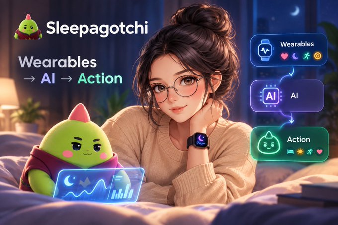 An anime-style illustration promotes 'Sleepagotchi' wearables, showing a young woman with glasses and a green creature character alongside icons labeled 'Wearables', 'AI', and 'Action'.