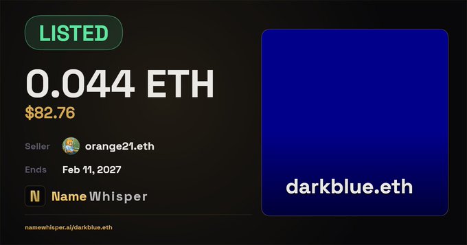 A listing for the ENS domain 'darkblue.eth' on Name Whisper, priced at 0.044 ETH ($82.76), listed by seller 'orange21.eth' with the auction ending Feb 11, 2027.