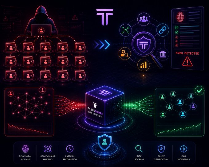 A complex digital infographic displaying a 'Taste Score Sybil Detection' system with icons for behavioral analysis, relationship mapping, pattern recognition, risk scoring, trust verification, and fair incentives, alongside a 'SYBIL DETECTED' warning.