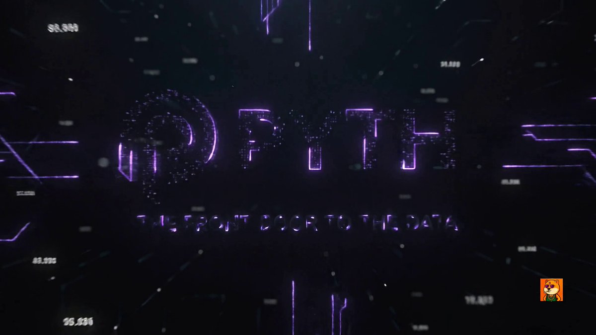 The image features a large purple logo with white text, which reads "Pyth Network" at the center of the frame. The background is black, filled with numerous lines of purple dots that appear to be floating or emanating from the logo. These dots are scattered throughout the image and seem to be glowing, creating an ethereal effect. The overall composition suggests a connection between the digital world represented by the floating dots and the financial market data in the post.