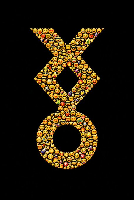 An emoji mosaic on a black background forming a downward-pointing symbol made of various facial expression emojis.