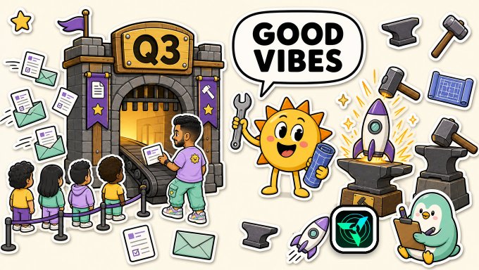 A colorful cartoon-style illustration with a 'Q3' castle, a sun character saying 'GOOD VIBES', children in a queue, and various tools and rockets, appearing to celebrate a Q3 milestone or product launch.