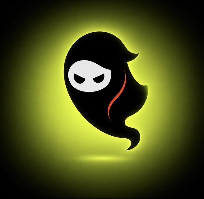 A stylized black ghost-like ninja character logo with an angry white mask and red flame detail, set against a glowing yellow-green background.