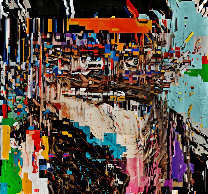 A vibrant, glitch-style digital artwork features a distorted, pixelated portrait rendered in chaotic fragments of bright colors—reds, blues, greens, purples, and oranges—with what appears to be an eye-like circular element on the right side, evoking the "chaotic neural" theme mentioned in the post. The piece, titled "chaotic neural," was collected as an NFT by @ArtizenEth, with the artwork's fragmented, data-corrupted aesthetic visually reflecting the neural chaos suggested by its title.