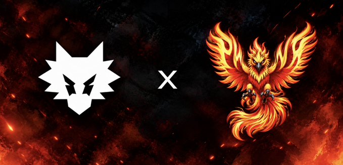 A collaboration graphic displaying a white geometric wolf head logo and a fiery orange and red phoenix logo, separated by a white 'x' against a smoky, ember-filled background.
