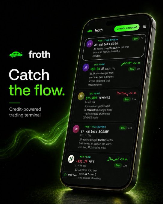 Promotional advertisement for the 'froth' app with tagline 'Catch the flow' and subtitle 'Credit-powered trading terminal', showing a smartphone interface displaying token flow data including 530A, TENDIES (+36.4%), SCRIBE, and NET (+35.4%).