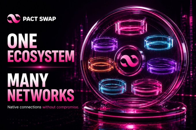 A promotional graphic for 'PACT SWAP' features glowing neon rings in pink, blue, and orange alongside the tagline 'ONE ECOSYSTEM, MANY NETWORKS — Native connections without compromise.'