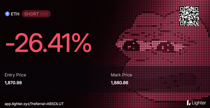 A trading interface showing an ETH 'SHORT 50X' position at -26.41%, with entry price 1,870.98 and mark price 1,880.86, branded with 'Lighter' and a QR code.