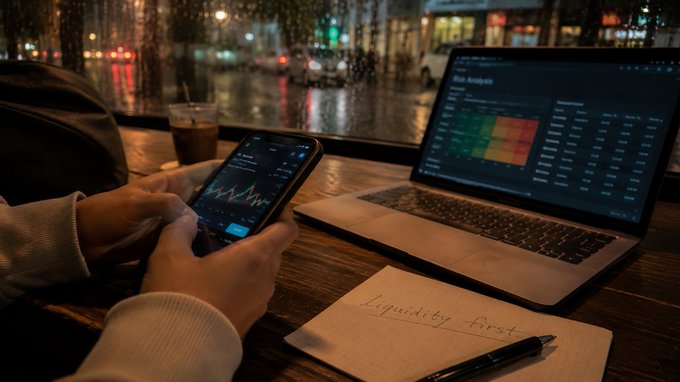 A person holding a smartphone displaying a financial chart, sitting at a café table next to a laptop showing risk analysis data and a notepad reading 'Liquidity first'.