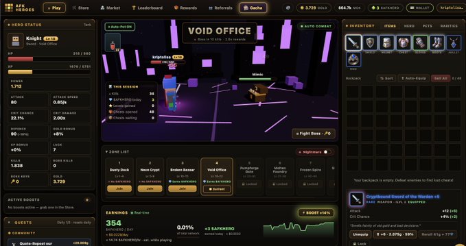 The image shows a screenshot of the AFK Heroes game interface, featuring a "Void Office" zone with a Knight character at level 64, displaying stats like 1,752 Power and $564.74 in WCK earnings, along with an inventory showing a "Cryptbound Sword of the Warden" weapon and a price ticker of 3,725 SOL.
