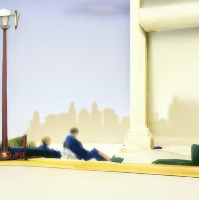 A miniature diorama scene with figurines resting near a classical column and a vintage lamppost, with a hazy silhouette of a city skyline in the background.