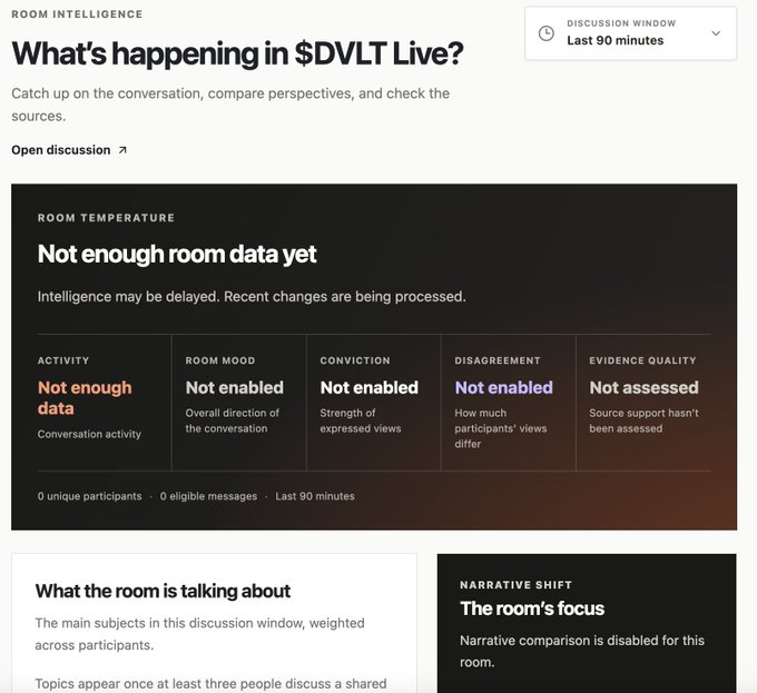 A screenshot of a '$DVLT Live' Room Intelligence dashboard showing 'Not enough room data yet' for activity, with metrics like Room Mood, Conviction, and Disagreement marked as 'Not enabled'.
