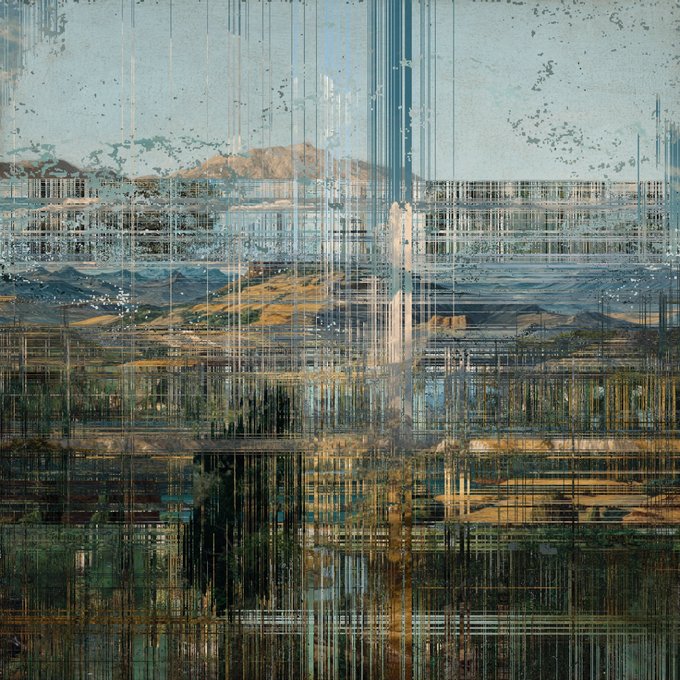 Abstract glitch-art style image depicting a landscape with mountains and water overlaid with vertical digital distortion lines.