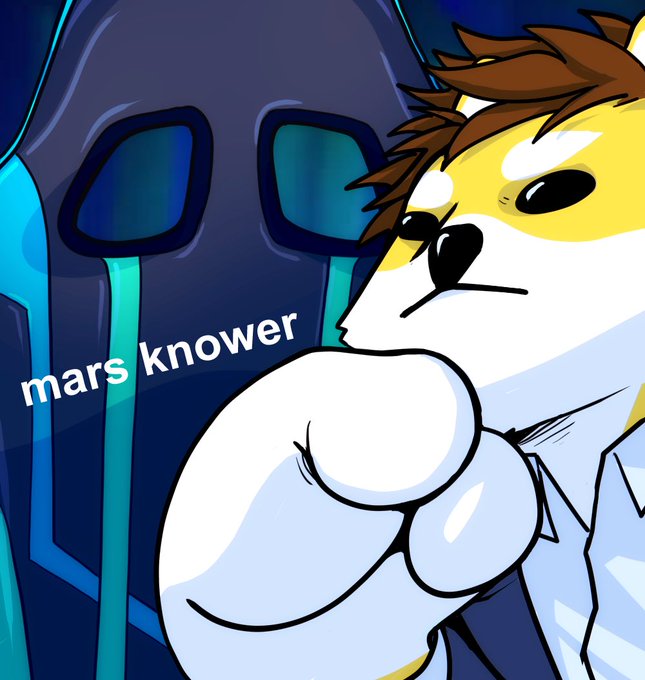 The image features a cartoon character, possibly a dog or a cat, with brown hair and white paws. It appears that the character is wearing a blue shirt and has a serious expression on its face. The background of the image is dark blue, which contrasts with the lighter colors of the character's fur and clothing. There are two words written in black text at the bottom of the image: "MARS KNOWER." This could be interpreted as a reference to the character or an artist who created this cartoon.