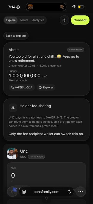 The image displays a token information page for "UNC" on what appears to be a crypto platform, showing a total supply of 1,000,000,000 UNC tokens, with creator details and holder fee sharing features enabled. This aligns with the post's message about a fixed 1 billion token supply with no dilution, emphasizing the early-entry opportunity at the current price before potential increases tomorrow.