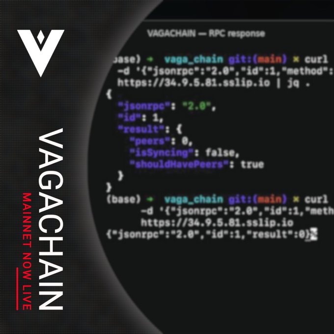 A promotional graphic for Vagachain displaying 'VAGACHAIN MAINNET NOW LIVE' alongside code showing a 'VAGACHAIN — RPC response' terminal output.