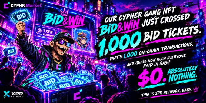 A promotional banner for CYPHR Market on XPR Network announcing 'Bid & Win' crossed 1,000 bid tickets with zero gas fees, featuring vibrant cyberpunk artwork.