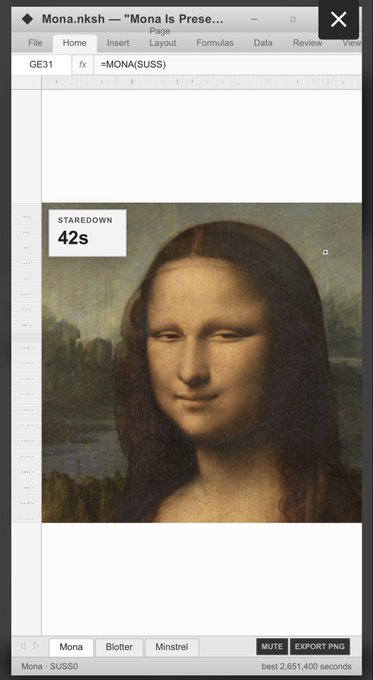 A spreadsheet showing the Mona Lisa image inserted, with the formula bar reading '=MONA(SUSSO)' and a 'STAREDOWN 42s' overlay, titled 'Mona.nksh — Mona Is Prese...'.