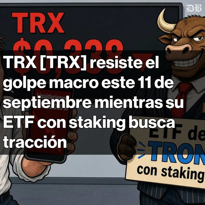 An illustrated graphic featuring a bullish character in a suit alongside the headline "TRX [TRX] resiste el golpe macro este 11 de septiembre mientras su ETF con staking busca tracción", discussing TRON cryptocurrency.