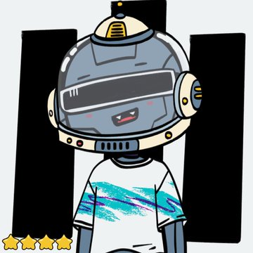 An illustration of a cute robot character with a blue visor helmet wearing a tropical-patterned t-shirt, with four gold stars displayed in the bottom left corner.