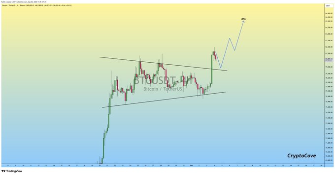 A cryptocurrency trading chart from TradingView displays the BTCUSDT (Bitcoin/TetherUS) pair on a 2-hour timeframe, showing price action contained within an ascending channel pattern, with an annotation projecting a breakout move to $55,000, visually supporting the poster's bullish plea for Bitcoin to rally.