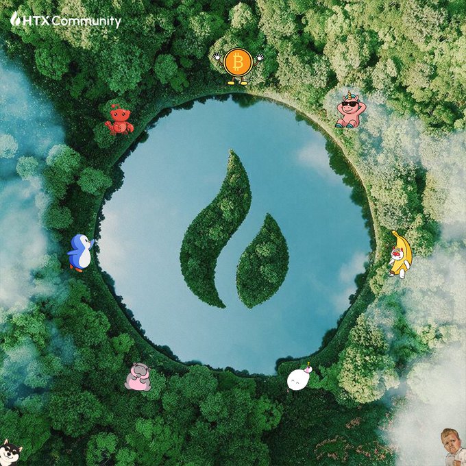 An aerial view of a forest lake forms the Huobi (HTX) logo, surrounded by cartoon crypto mascots including Bitcoin, a pink axolotl, and a banana.