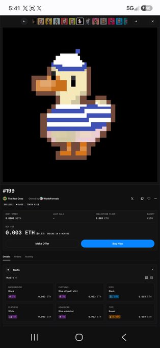 A screenshot of an OpenSea NFT listing page for a pixel art duck wearing a sailor outfit titled 'The Real Ones', priced at 0.003 ETH (#199).