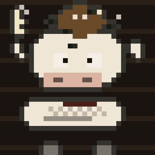 A pixel art character resembling a cow-girl with horns and large, staring eyes stands against a dark background with horizontal stripes.