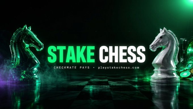Promotional banner for 'STAKE CHESS' featuring two chess knight pieces with the tagline 'CHECKMATE PAYS • playstakechess.com' against a green, smoky background with a chessboard floor.