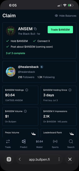 A screenshot of a Bullpen app "Claim" page showing a creator profile for @healersback with stats like $0.64 $ANSEM holdings (1.547555 ANSEM), 218 followers, 3 days holding since July 3, and a $1 $ANSEM volume on Bulpen — likely shared as proof of engagement or to support a bullish message praising a fellow community member's contributions to Solana since January 2022.