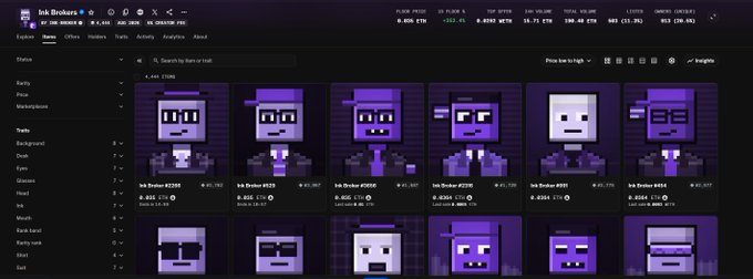 A NFT marketplace interface called "Ink Brokers" displaying a collection of pixel art characters, with stats showing floor price, volume, and other marketplace metrics