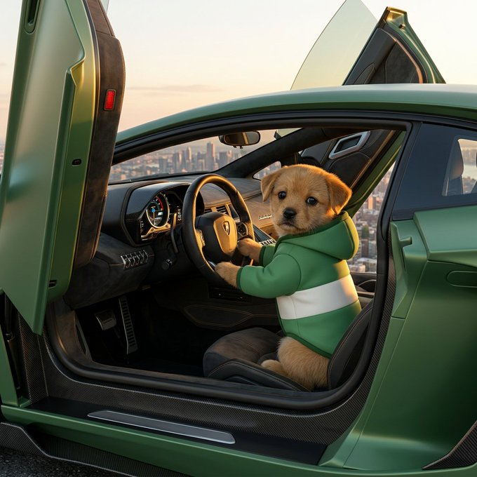 An AI-generated image shows a puppy wearing a green hoodie sitting in the driver's seat of a green Lamborghini with scissor doors open, overlooking a city skyline at sunset.