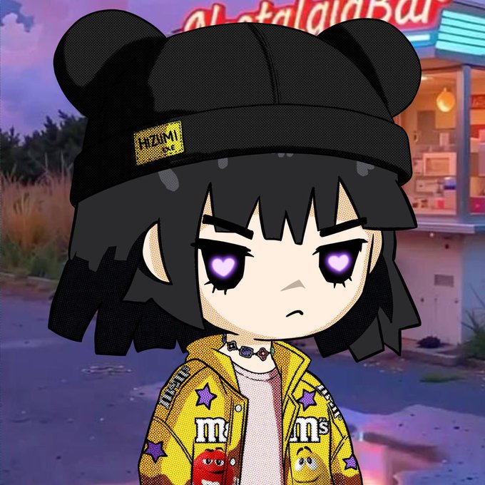 An anime-style chibi character with black hair, purple heart-shaped eyes, and a black cap labeled "HIZUMI" stands in front of a storefront, wearing a yellow M&M's jacket and studded choker. The image represents the "hizuminft" collection being promoted in the giveaway post for the Orixa launchpad on the ARC network.