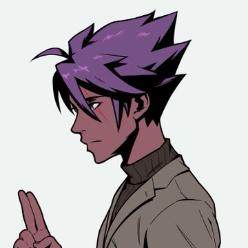 An anime-style illustration of a young man with spiky purple hair shown in profile view, wearing a high-collared jacket.