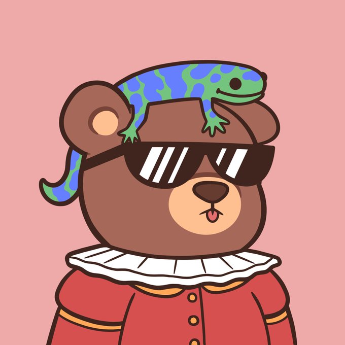 A cartoon illustration of a bear wearing sunglasses, a red ruffled shirt, and a blue-green lizard draped over its head.
