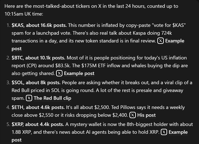 The image is a ranked list of the top 5 most-talked-about tickers on X in the past 24 hours, with $KAS topping at ~16.6k posts (driven by launchpad "Vote for $KAS" spam and news of 724k daily transactions), followed by $BTC (~10.1k), $SOL (~8k), $ETH (~4.6k), and $XRP (~4.4k). The post's bullish question about $KAS potentially reaching ATH aligns with the image, which shows it's currently the #1 trending ticker on X—suggesting growing momentum that could fuel such a move.