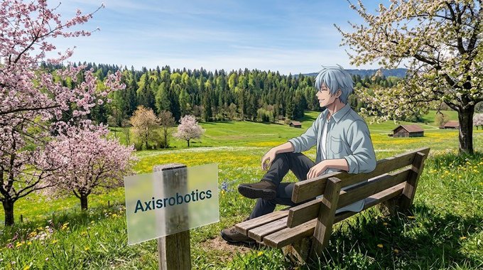 An anime-style illustration of a young man with silver hair sitting on a wooden bench in a meadow with cherry blossoms and mountains in the background, next to a sign reading 'Axisrobotics'.