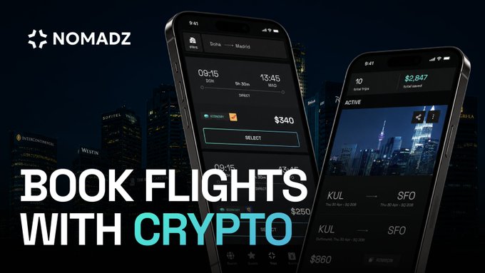 A promotional banner for 'NOMADZ' advertising 'BOOK FLIGHTS WITH CRYPTO', featuring two smartphones displaying flight booking interfaces with prices in cryptocurrency over a nighttime city skyline.