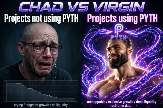 'Chad vs Virgin' meme comparing 'Projects not using PYTH' (depicted as a crying bald man with a declining graph labeled 'crying / stagnant growth / no liquidity') versus 'Projects using PYTH' (depicted as a muscular man with purple energy and text 'unstoppable / explosive growth / deep liquidity real-time data').