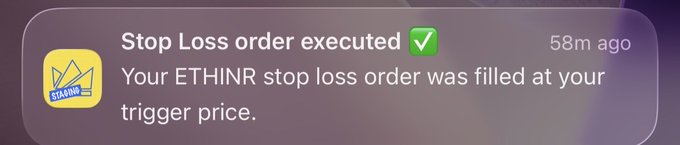 A WazirX notification confirms that a "Stop Loss order executed" for ETHINR was filled at the trigger price, highlighting how the platform's TP/SL feature automatically protected the user from further losses when the trade moved against their prediction.
