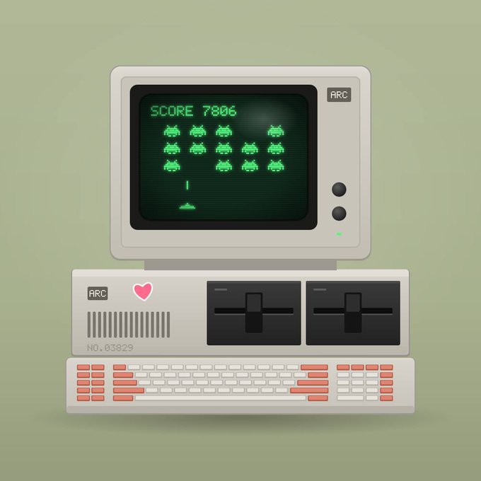 A retro-style 3D illustration of an old beige computer displaying a Space Invaders-style arcade game with 'SCORE 7806' on a green monitor.