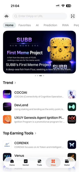 Screenshot of a crypto DApp browser interface showing time 21:04, featuring a SUBB meme project banner, trending dApps like COCOAI, DevLend, and UXUY Genesis, with navigation tabs including Home, Market, Trade, DApp, and Wallet.
