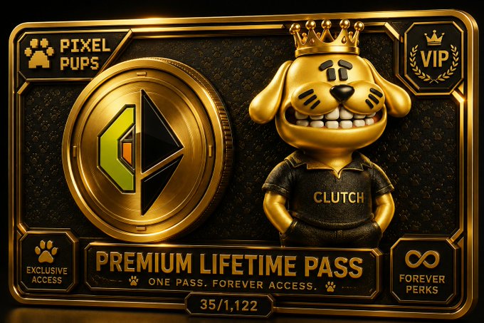 A golden "Pixel Pups" VIP premium lifetime pass card features a crowned cartoon dog mascot wearing a "CLUTCH" shirt alongside an Ethereum-style coin, marked "Exclusive Access," "Forever Perks," serial number "35/1,122," and the tagline "One Pass. Forever Access." The image ties to the post by visually representing the staking promotion, where Pixel Pup holders can stake their NFTs to unlock lifetime membership perks like whitelist access to Stonk Broker and ongoing $K9 staking rewards.
