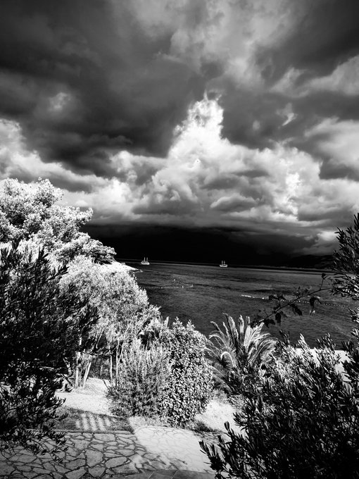A black and white photograph featuring a dramatic, cloudy sky over a body of water with distant sailboats, framed by bushes and a stone pathway in the foreground.