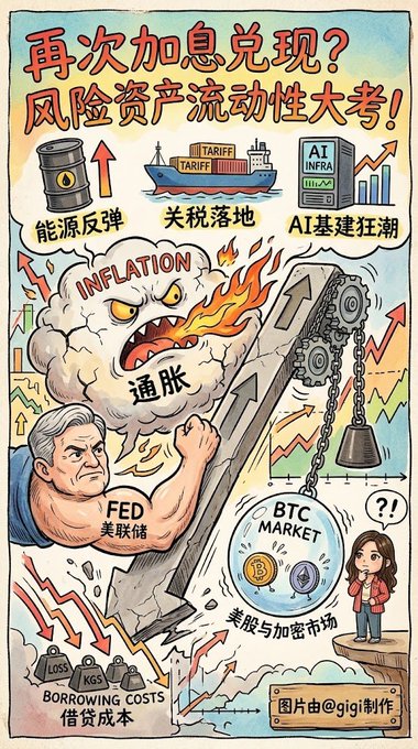A colorful Chinese-language financial infographic titled '再次加息兑现？风险资产流动性大考！' depicting themes like inflation, tariffs, the Fed, BTC market, and AI infrastructure in a cartoonish style, credited to 'gigi' at the bottom.