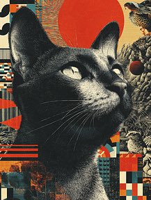 A stylized collage artwork featuring a large black cat looking upward against a red circular background, surrounded by geometric patterns and photographic fragments.