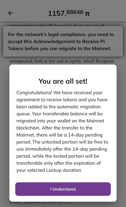 The image shows a Pi Network confirmation popup displaying "You are all set!" with a balance of 1157.88646 π, confirming that the user has successfully signed the Acknowledgment agreement and is queued for migration to the Mainnet with a 14-day pending period.