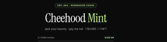 The image displays a mint page header for "Cheehood Mint" on the Robinhood Chain (ERC-404), featuring the tagline "pick your bounty · pay the toll · 1 $CHEE = 1 NFT" with 8,000 NFTs available starting at 0/8,000 minted. This visually represents the launch of the project's public mint event announced in the post, highlighting the limited supply and simple conversion rate between the $CHEE token and the NFT collectibles.